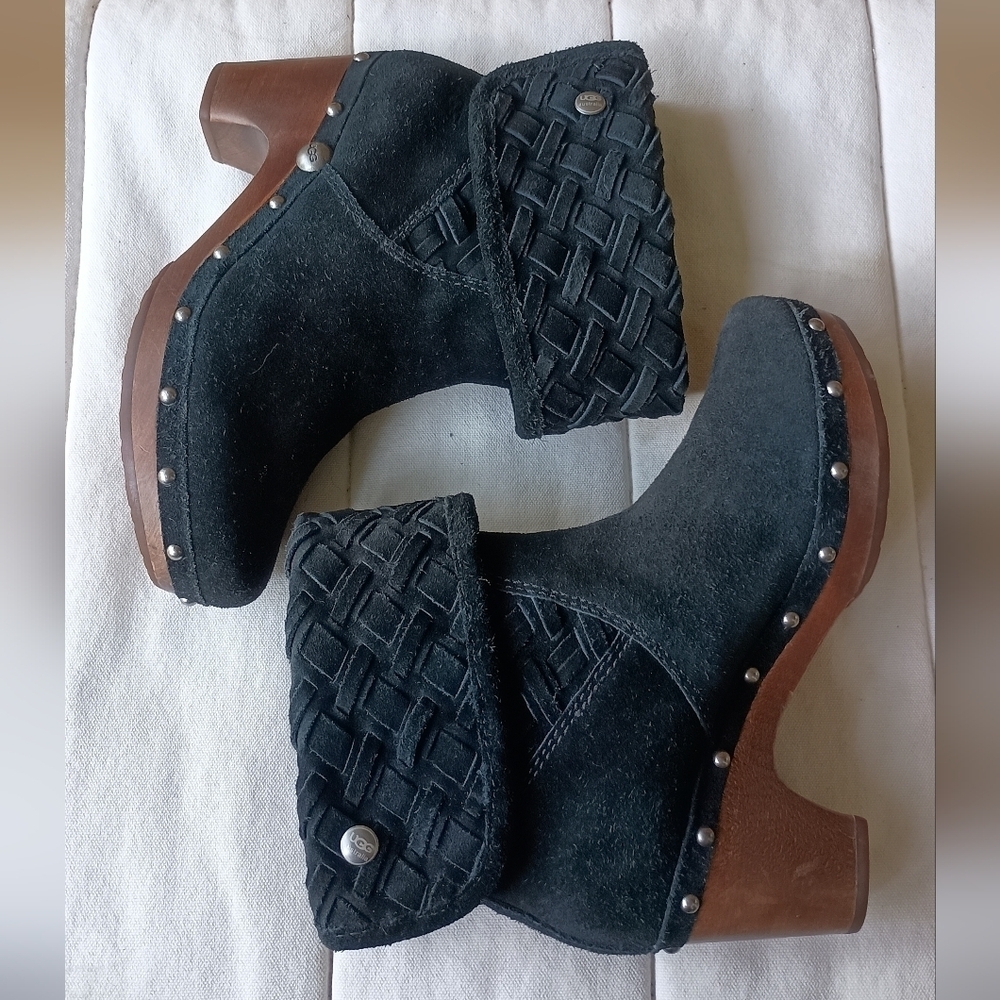 UGG Elegant Black Suede Leather With Sheepskin Women's Clog Wooden Sole Boots_7